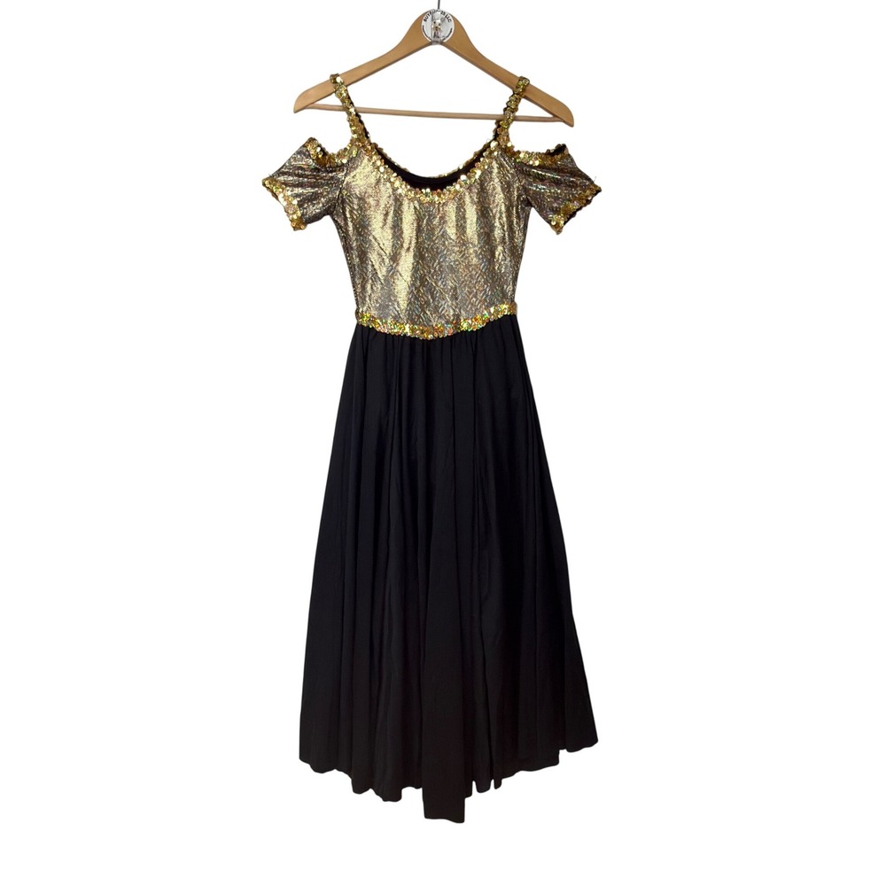 Vintage Algy Gold Sequin Bodice Black Maxi Dance Costume Dress Small Made in USA